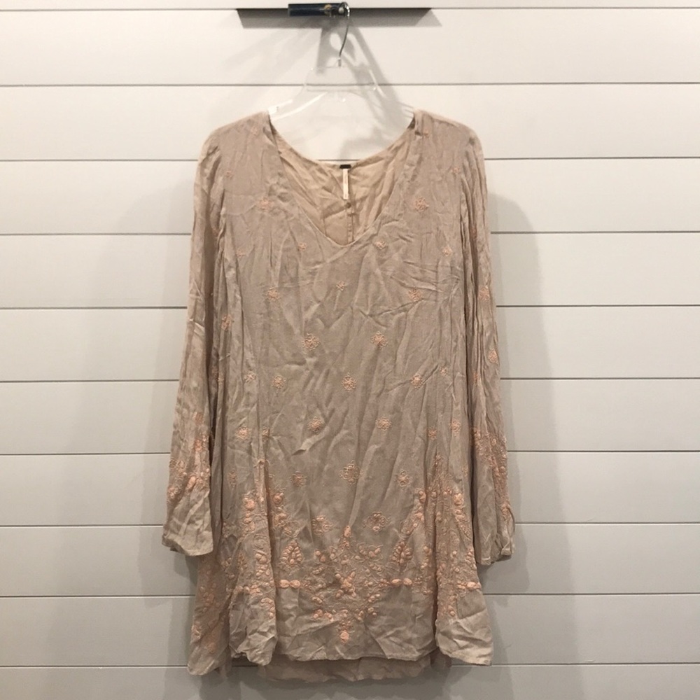 Beige Bell-sleeve Dress with Embroidered Detail